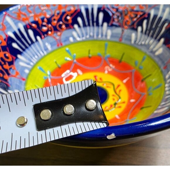 Hand-Painted Ceramic Bowl From Spain With Vibrant Blue Orange & Yellow Patterns - Picture 15 of 16